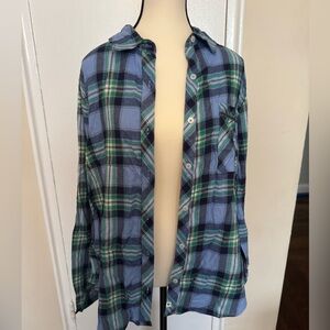 Blue and Green Plaid Button-Up Shirt